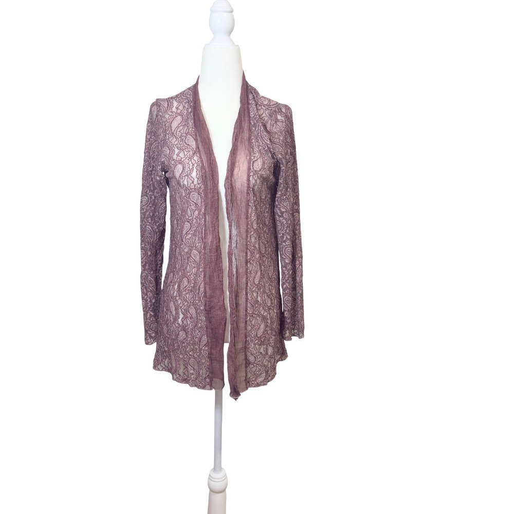 Saga Mauve Lace Cardigan Sheer Paisley Open Front Boho Long Sleeve Medium
